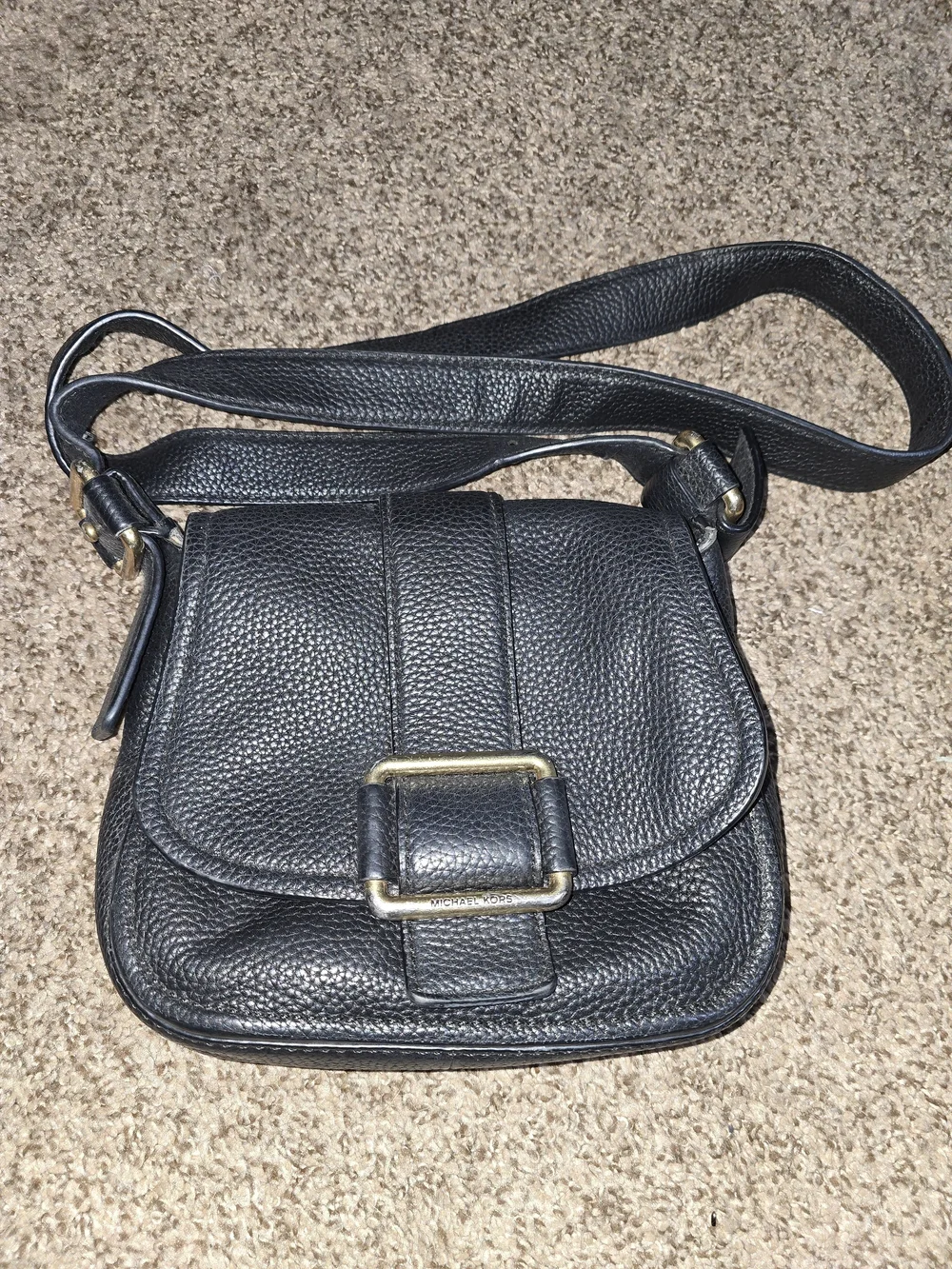 Michael KORS Black Pebbled Leather Crossbody Bag with Buckle Detail